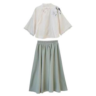 民国风学生少女小个子汉元素改良旗袍汉服裙套装新中式茶艺师服装