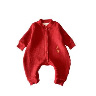 婴儿过年拜冬年服冬季宝宝衣服针织连体衣喜庆小月龄外出红色冬装