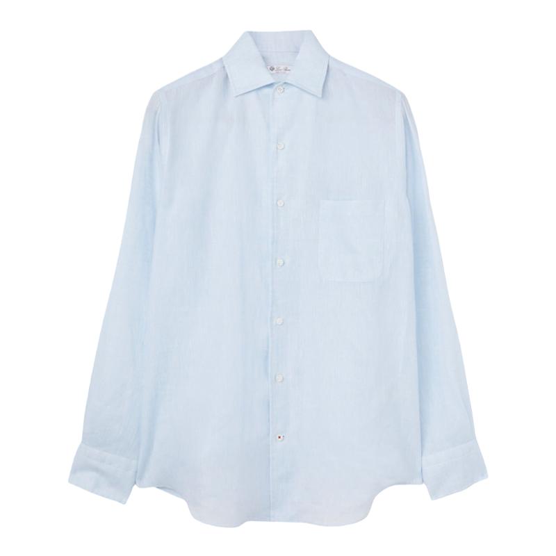 Loro Piana/诺悠翩雅男装浅蓝色亚麻尖领长袖商务休闲衬衫