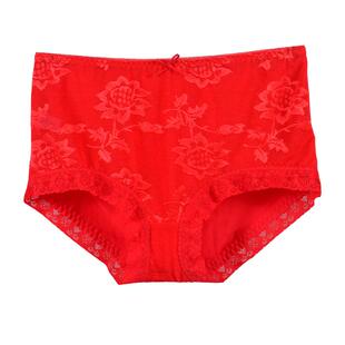 蝶安芬大红本命年纯棉女士中腰平角内裤网眼透气蕾丝花边棉质短裤