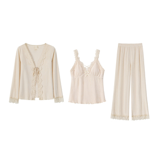 RoseTree海岛绒睡衣女三件套秋冬季珊瑚绒薄绒家居服带胸垫可外穿