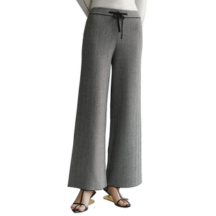 【可妮周同款】羊织道 风筝滑 秋冬季黑白人字纹绵阔腿羊毛裤子女