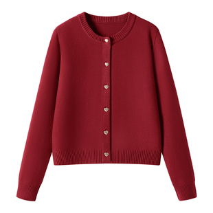 真维斯红色针织开衫女2026新款小香风毛衣外套小个子短款圆领上衣