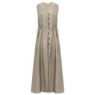 COCOBELLA气质通勤V领无袖连衣裙长裙女玉石扣抽绳背心裙FR7008-3