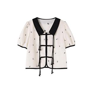 PIT复古国风碎花衬衫女夏季新款小衫短袖新中式盘扣提花上衣