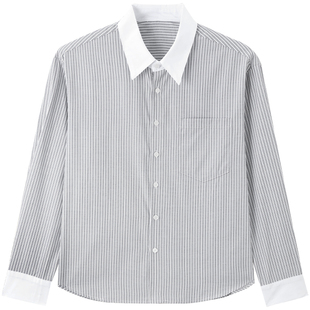 MB MindBridge秋季韩系条纹衬衫长袖衬衣女士拼色通勤百搭上衣