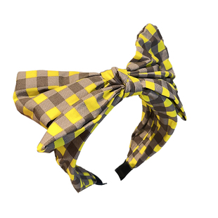 小熊格子黄色发箍女百搭外出洗脸发窟简约气质韩式头箍宽边压发卡