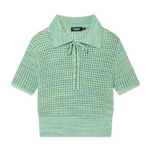 Desigual亮丝镂空系带短袖翻领浅春色女士T恤针织衫