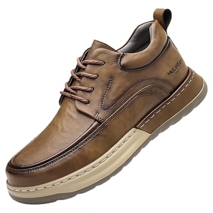 木林森男鞋2026年春季新款棕色高帮皮鞋休闲软底系带高帮马丁鞋