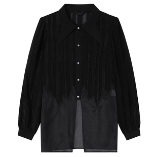 白鹿语下摆侧边开叉设计上衣26春季新款优雅气质单排扣长袖衬衫女