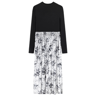 it'real瑞尔冬季新款国风拼接假两件收腰碎花中长T恤连衣裙