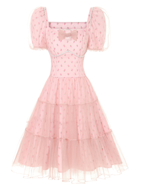 艾丽丝2024年夏季新款粉色甜美短款连衣裙印花镂空方领公主风裙子