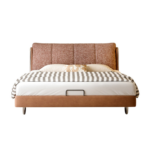 复古包豪斯布艺床1米8双人流影床中古风实木软包床羊羔绒主卧婚床