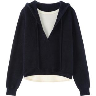 LAGOGO学院假两件套头连帽衫女拉谷谷2025秋冬新款松弛感针织衫