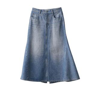 素然WHM 25春季女士气质设计感环保棉平纹牛仔喇叭半裙