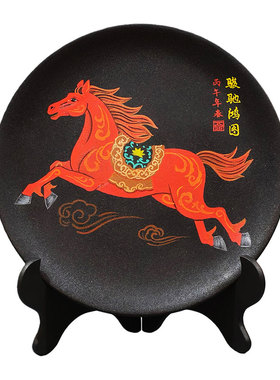 龙山黑陶马年看盘手绘礼盒摆件