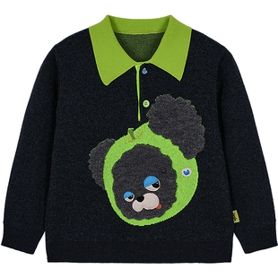 [毛怪]woobaby儿童针织毛衫25冬季绵羊毛撞色polo衫毛衣马甲背心