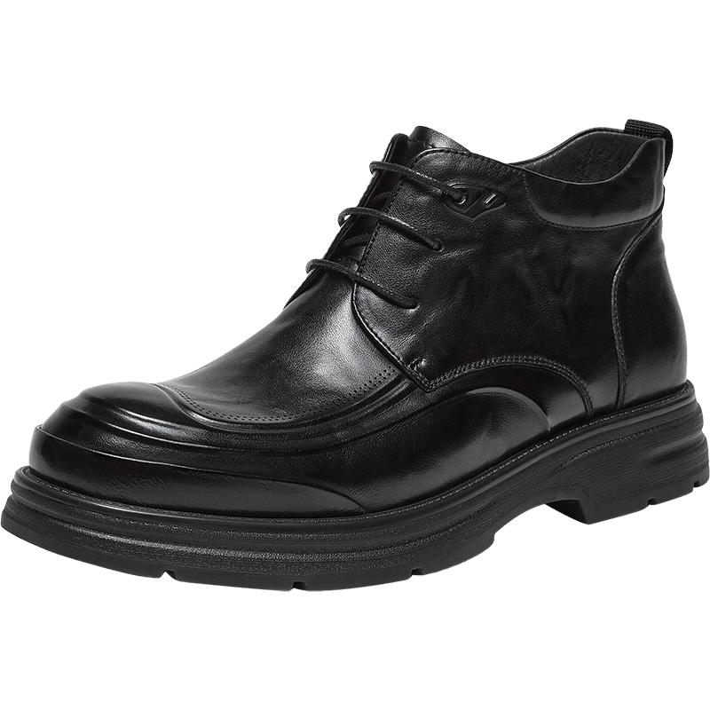 百思图25冬商场新款加绒真皮男士皮鞋系带高帮商务靴子男60305DD5