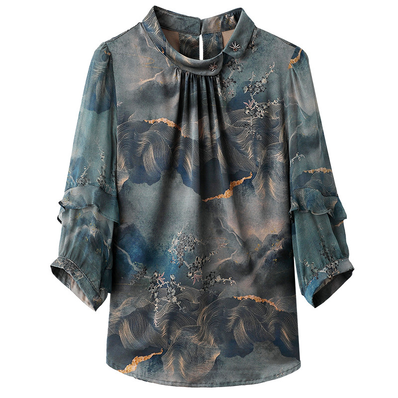 重磅真丝绸缎面t恤女2025夏新款短袖优雅温柔花边印花桑蚕丝上衣