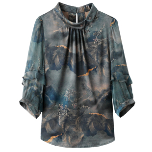 重磅真丝绸缎面t恤女2025夏新款短袖优雅温柔花边印花桑蚕丝上衣