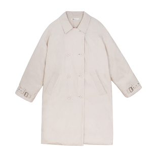 无拘2021年冬季新品纯色加厚中长款外套双排扣杏色白鸭绒羽绒服女