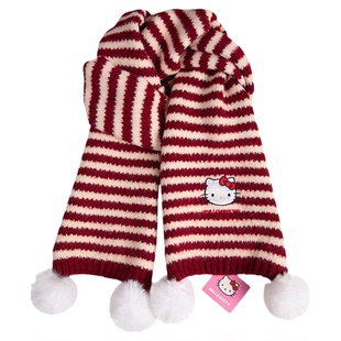 可爱毛球条纹针织围巾红色新年氛围感保暖围脖女软糯加厚御寒颈饰