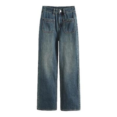 拉夏贝尔/La Chapelle复古口袋刺绣直筒牛仔裤女春秋新款窄版长裤