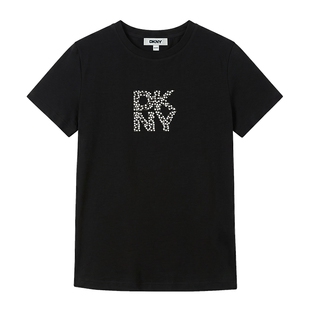 DKNY唐可娜儿26短袖T恤衫女烫钻圆领纯黑色百搭简约套头上衣休闲