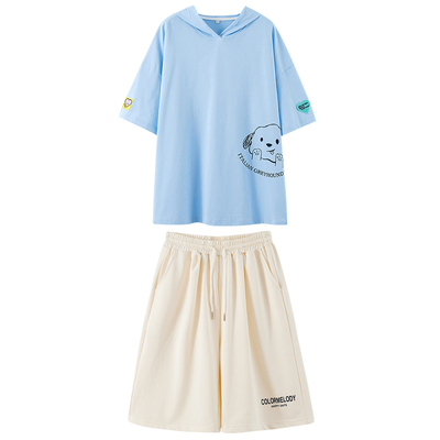 纯棉夏季宽松印花休闲套装连帽