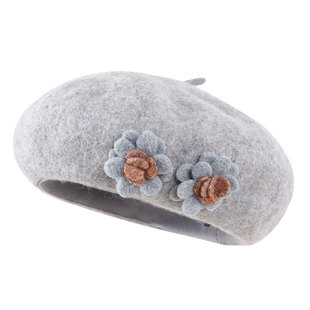 优雅羊毛手工花朵加厚贝雷帽纯色画家帽立体造型毛呢帽子女瓜皮帽