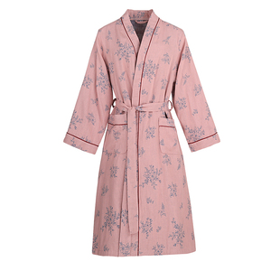 纯棉纱布浴袍女四季薄款系带V领碎花睡袍吸水速干透气夏情侣浴衣