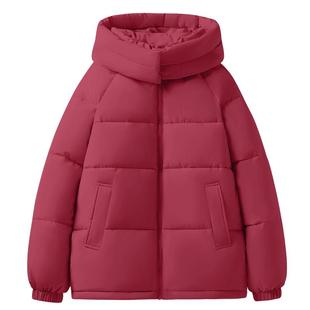 班尼路红色棉服女冬2026新款连帽加绒厚外套本命年新年战袍棉袄M