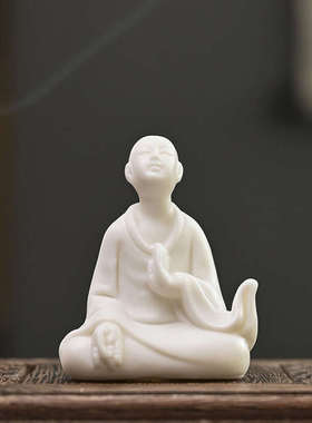 禅意陶瓷人物中式桌面白瓷小摆件小和尚鱼缸造景盆景家居手工饰品