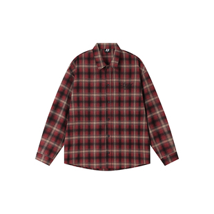 FORNINES刺绣磨毛格子衬衫男女春季上衣复古休闲情侣长袖衬衣外套