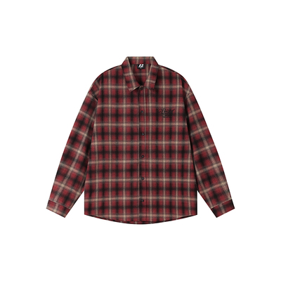 FORNINES刺绣磨毛格子衬衫男女春季上衣复古休闲情侣长袖衬衣外套