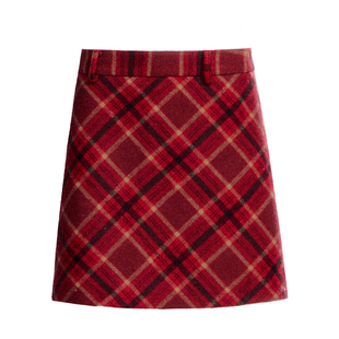 【现货】易碎商店·新年穿搭 复古红格秋冬半身裙学院风毛呢短裙