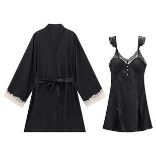 乐姿梦睡衣女春秋冰丝薄款睡袍黑色性感带胸垫诱惑睡裙家居服夏季