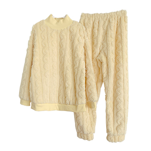 珊瑚绒圆领套头睡衣半高领女加绒加厚秋冬毛绒绒可外穿家居服套装