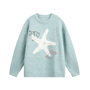 TIRED美式潮流海星刺绣针织衫男女同款秋冬新款圆领毛衣休闲上衣