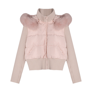 贰羊设计【云芙】针织拼接短款收腰羽绒服女冬季连帽狐狸毛领外套