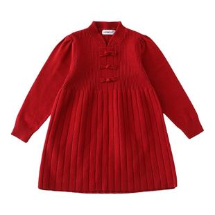 新中式中国风亲子装秋冬毛衣洋气红色母女连衣裙过年拜年服家庭装