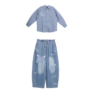 CBXLAB街舞潮牌蒸汽蓝格子美式长袖衬衫个性纯棉外套爵士辣妹上衣