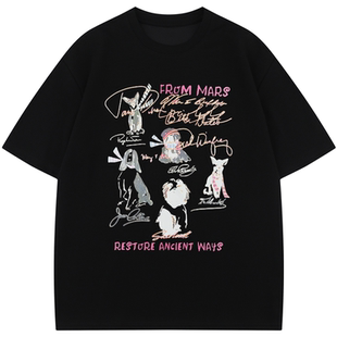 From Mars 格外欣赏 美式复古休闲卡通趣味印花宽松情侣短袖T恤夏