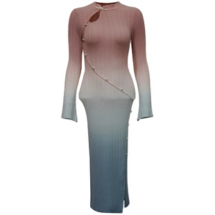 澄渔高定【洛神美人】新中式渐变羊绒羊毛珍珠盘扣针织旗袍连衣裙