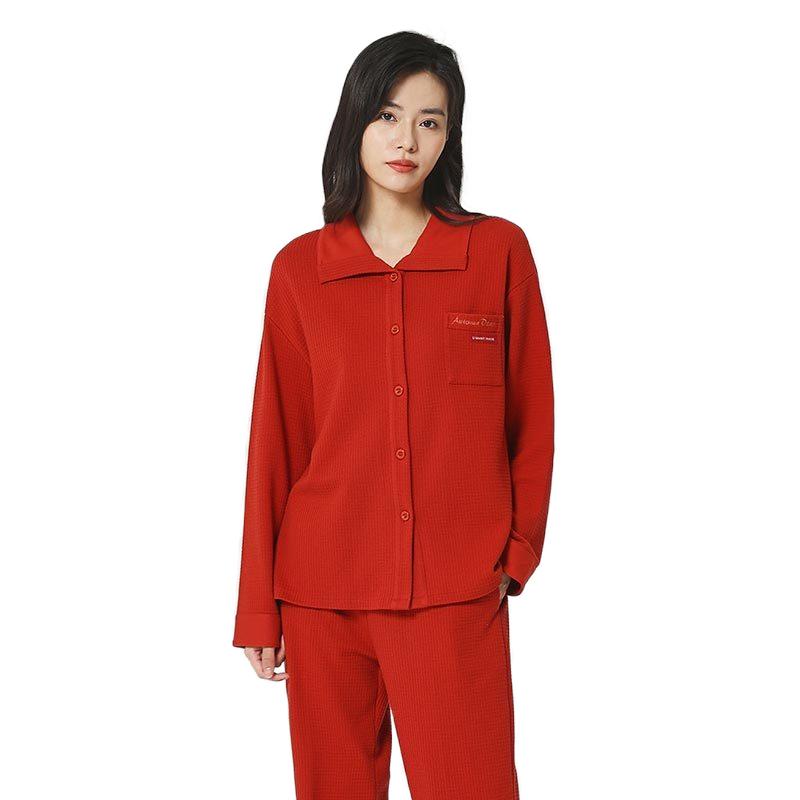 秋鹿华夫格简约休闲家居服春秋纯棉绣花长袖睡衣秋季女款