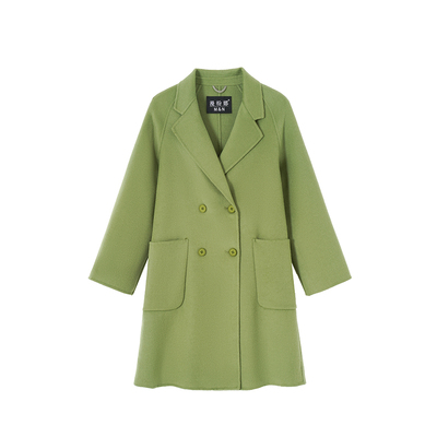 绿色双面羊绒大衣中长款100%羊毛