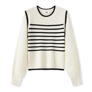 [商场同款]森马针织衫女短款假两件拼接黑白条纹女士新款春季毛衣