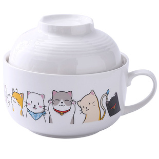 日式创意卡通陶瓷泡面碗带盖碗学生宿舍方便面杯单个饭碗可微波炉