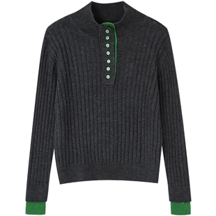 德玛纳撞色半开襟立领线衫女25冬季新款舒适气质小个子针织衫上衣