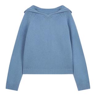 solighter法式全羊毛蓝色v领连帽毛衣女秋冬2025新款套头针织上衣